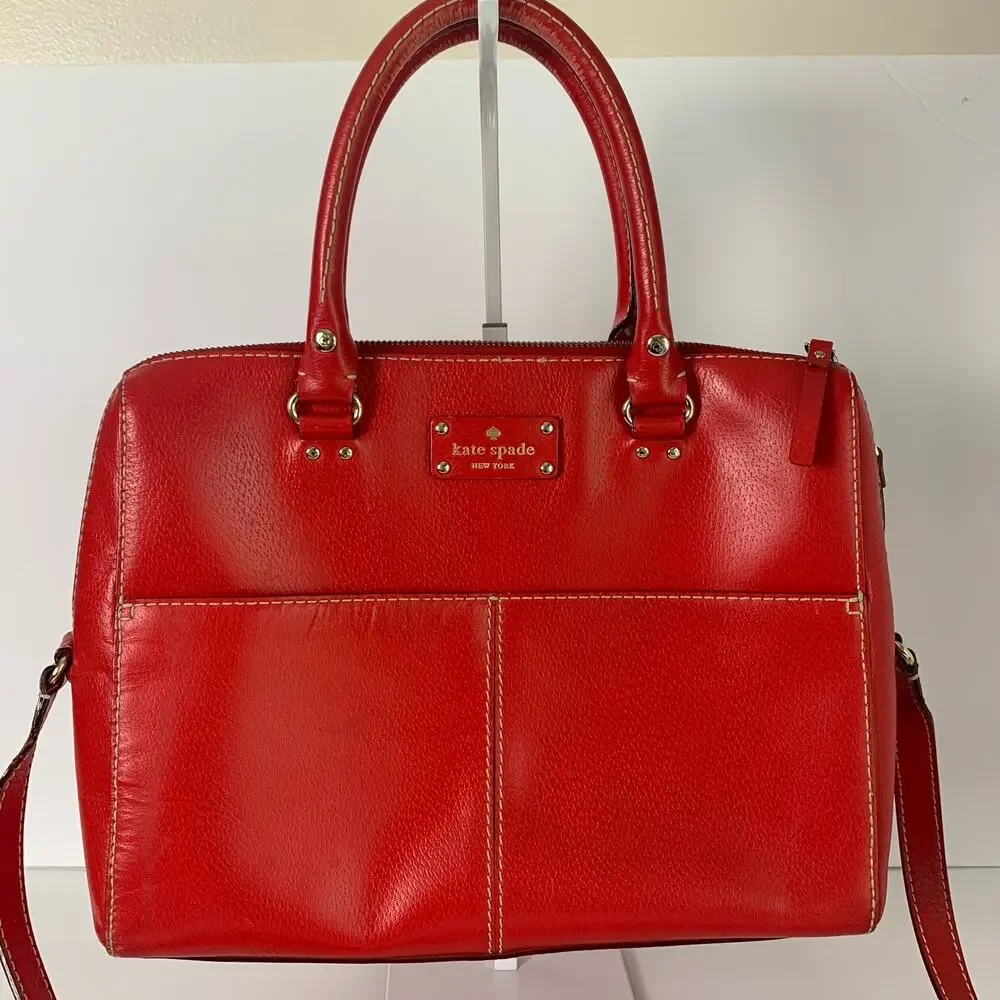 Kate Spade Red Leather Satchel Crossbody Bag Gold Hardware Polka Dot Lining